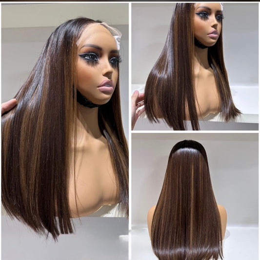 18’ Nadia Posh Virgin Bone Straight Wig - Brown Highlights