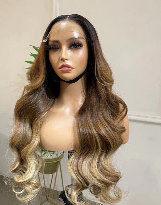 24’ Nora Single Donor Wavy Wig - 300g with 5*5 Glueless Closure - Filipino Luxury Donor Hair - Brown & Blonde Highlights