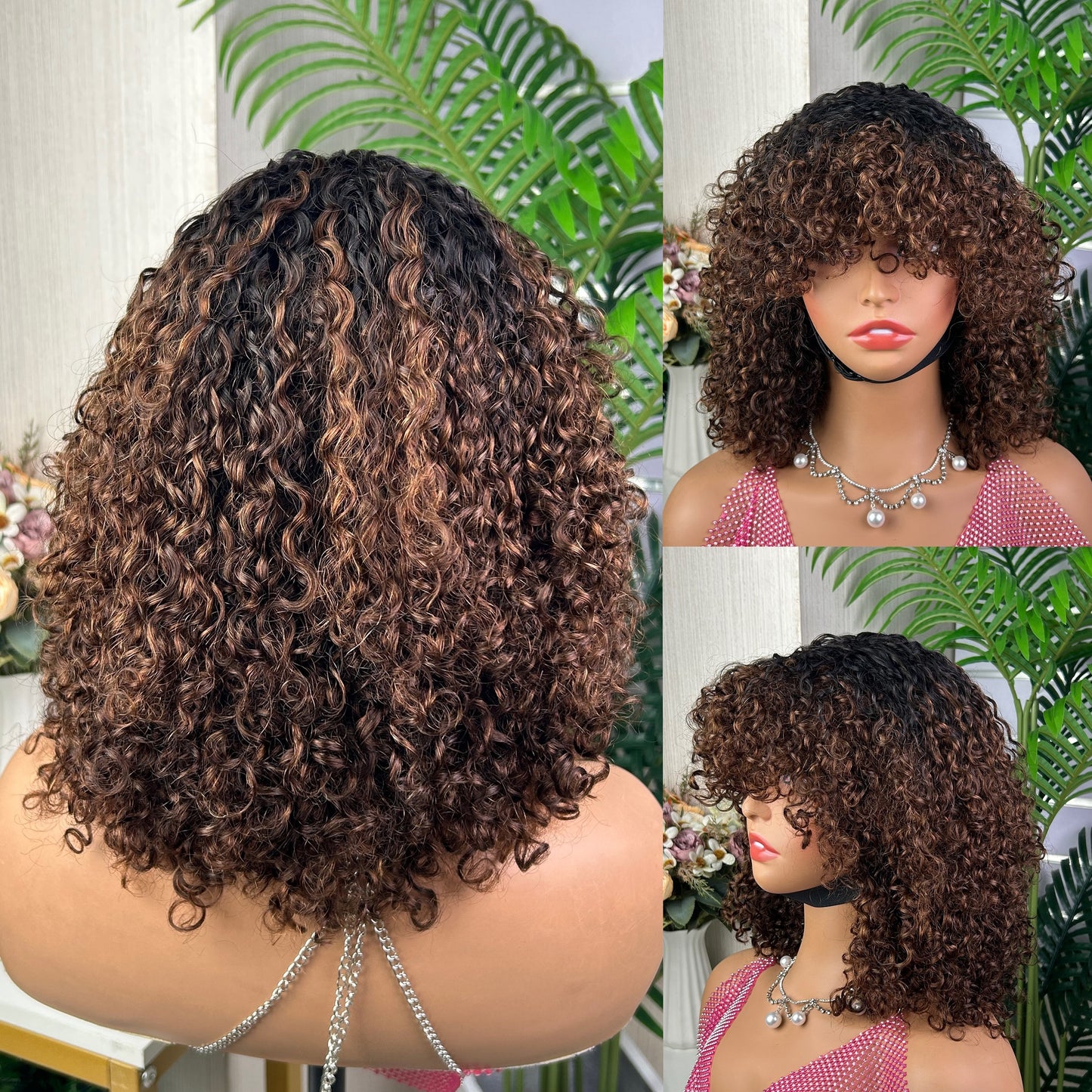 Posh Curly Fringe Wig - 12' Black and Brown